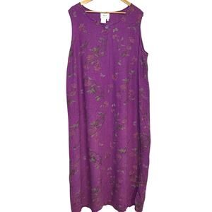 Vtg Plus Size Country Wear Casuals Woman Purple Linen Blend Floral 2X Maxi Dress
